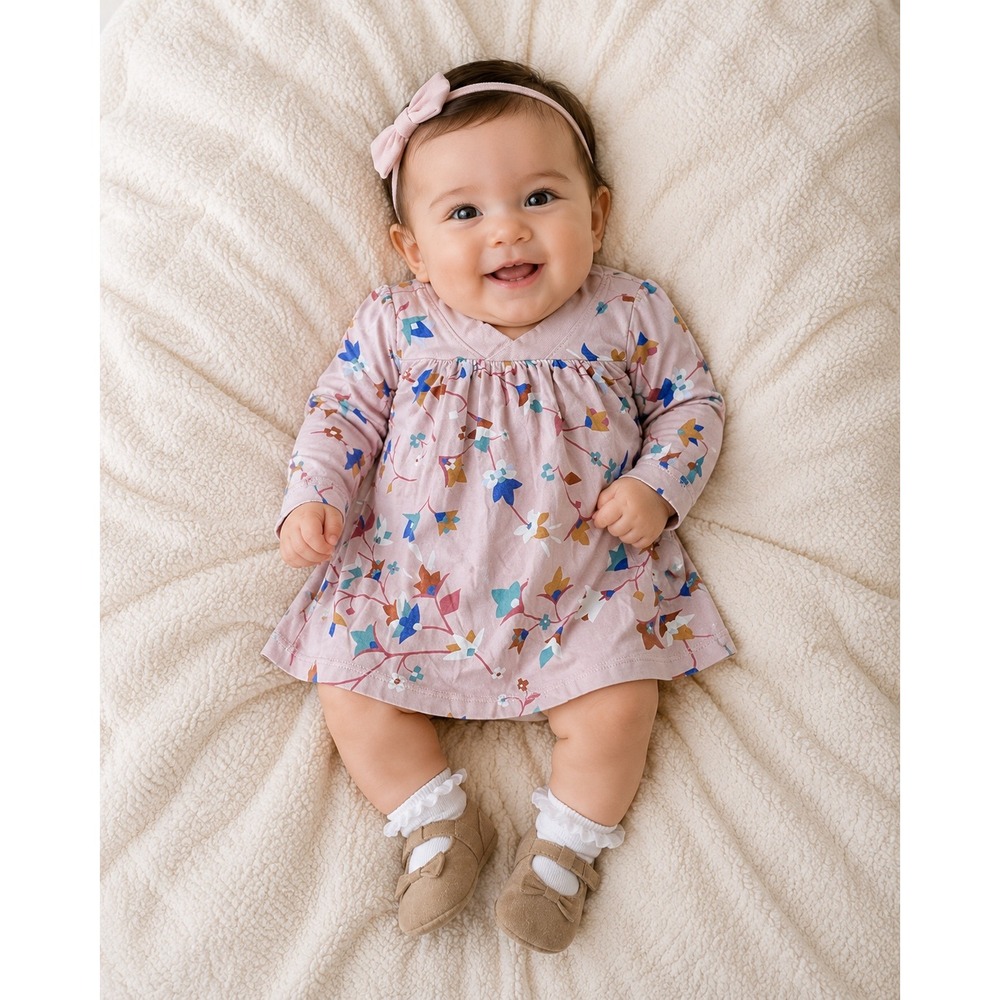 Tea Collection Dress Baby 3-6M Pink Floral Long Sleeve Cotton Empire Waist 0061